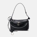 Women's Split Leather Structured Silver-Hardware Lock Shoulder Bag