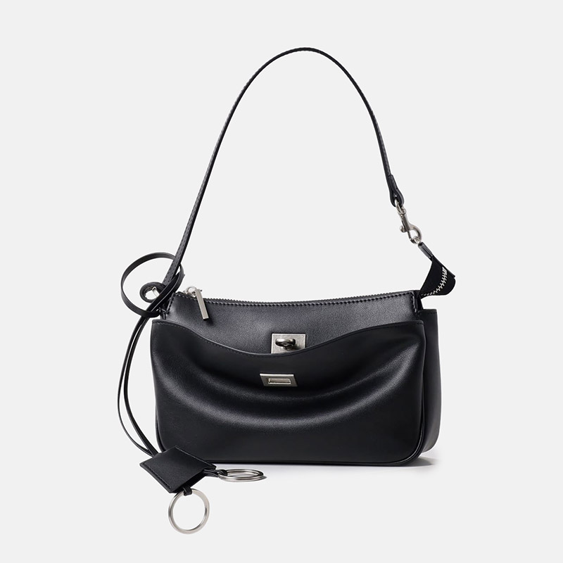 Women's Split Leather Structured Silver-Hardware Lock Shoulder Bag
