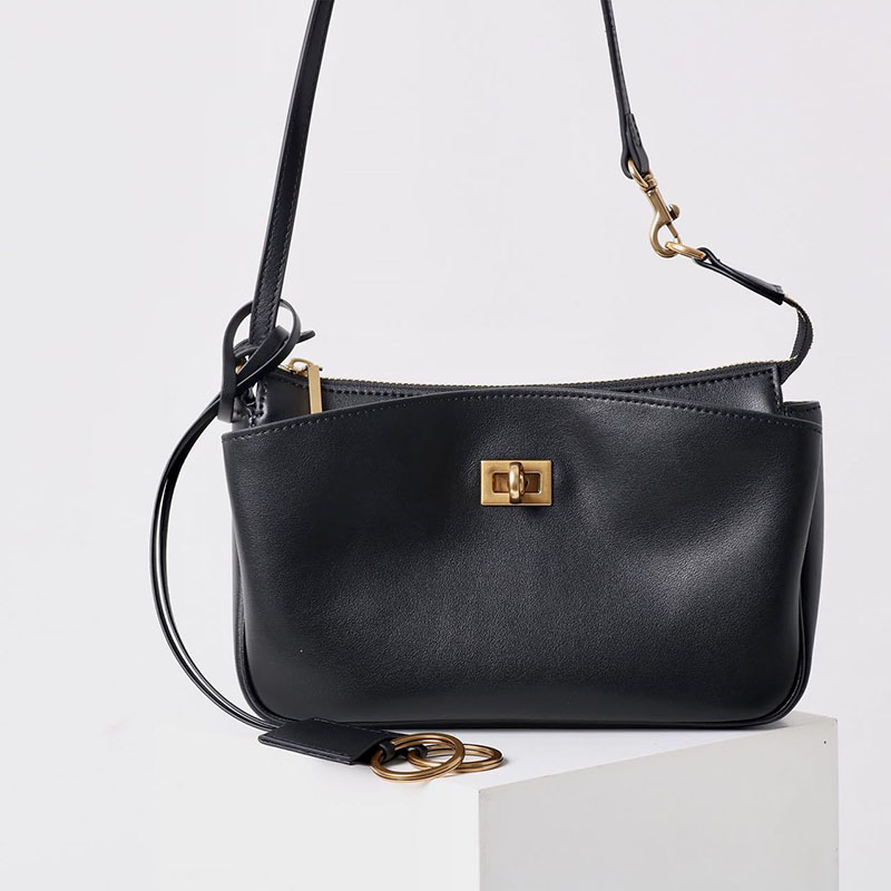Women's Split Leather Gold-Hardware Lock Shoulder Bag
