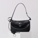 Women's Split Leather Structured Silver-Hardware Lock Shoulder Bag