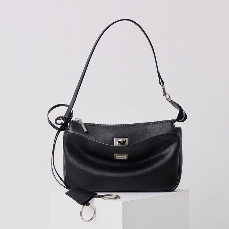 Women's Split Leather Structured Silver-Hardware Lock Shoulder Bag