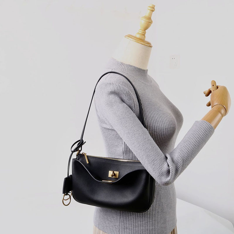 Women's Split Leather Gold-Hardware Lock Shoulder Bag