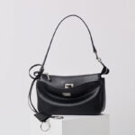 Women's Split Leather Structured Silver-Hardware Lock Shoulder Bag