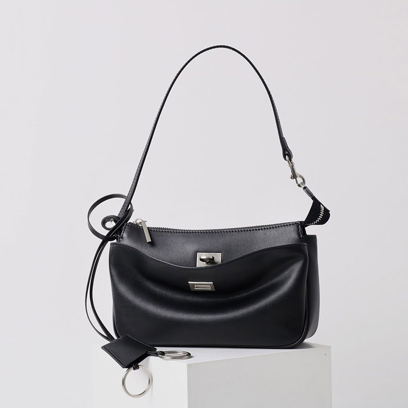 Women's Split Leather Structured Silver-Hardware Lock Shoulder Bag