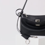 Women's Split Leather Structured Silver-Hardware Lock Shoulder Bag