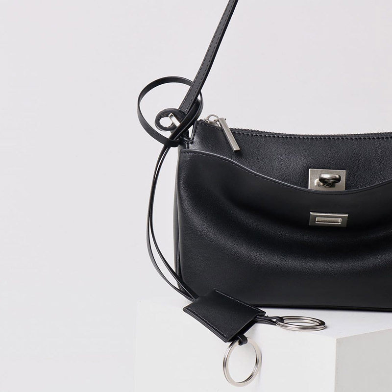 Women's Split Leather Structured Silver-Hardware Lock Shoulder Bag
