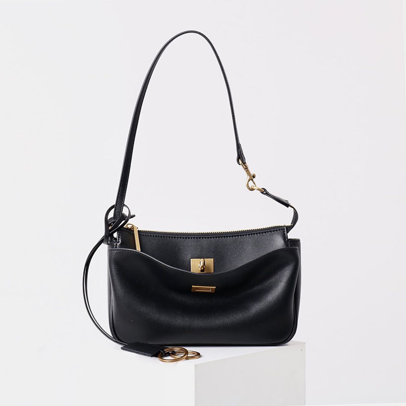Women's Split Leather Gold-Hardware Lock Shoulder Bag