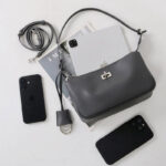 Women's Split Leather Structured Silver-Hardware Lock Shoulder Bag