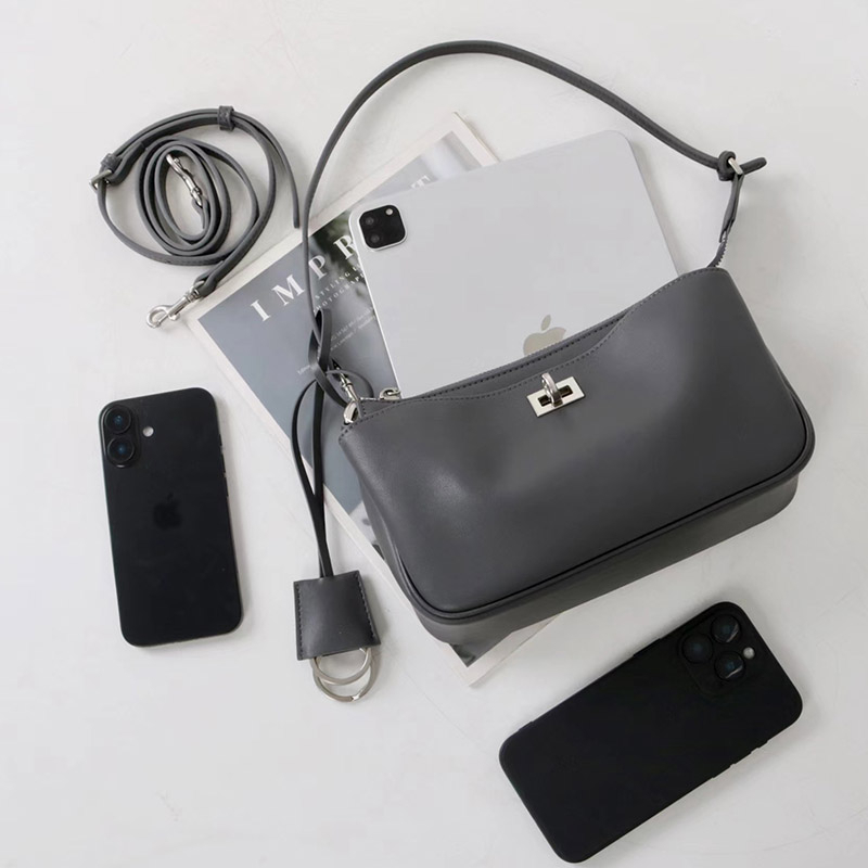 Women's Split Leather Structured Silver-Hardware Lock Shoulder Bag