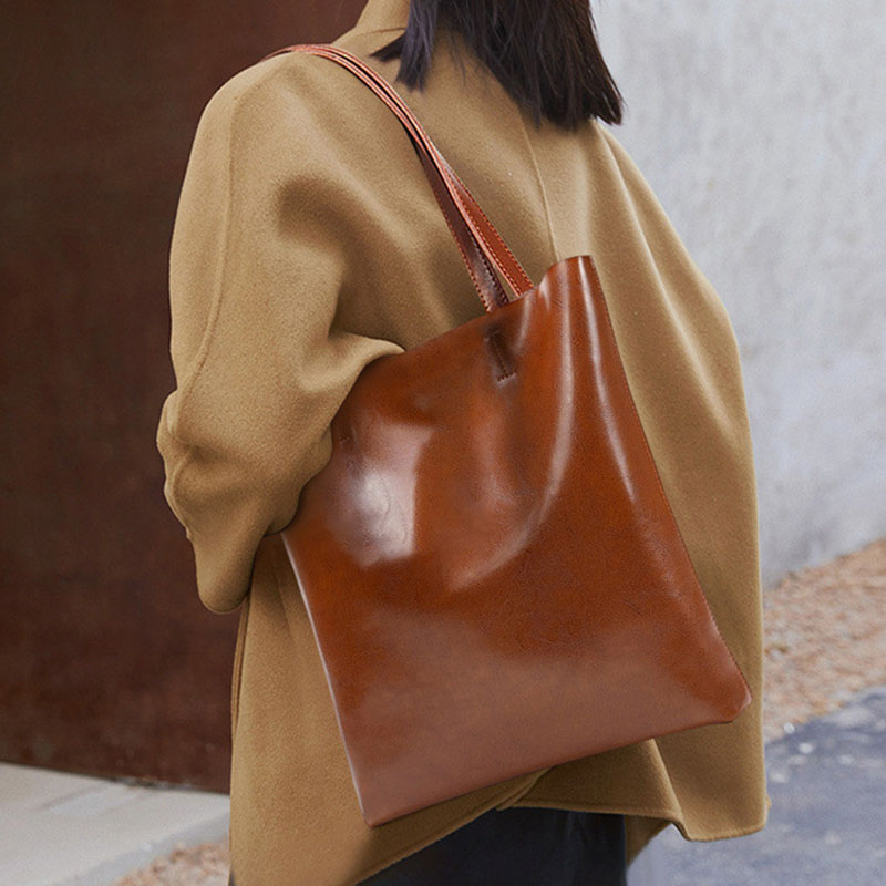 Women's Waxed Leather Structured Tote Shoulder Bag