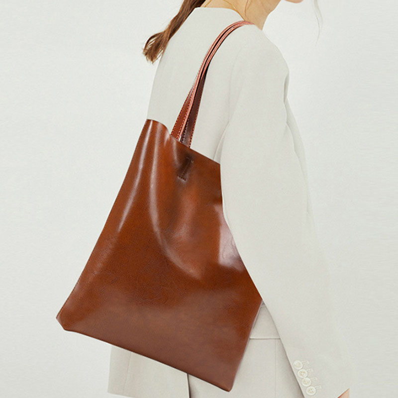 Women's Waxed Leather Structured Tote Shoulder Bag