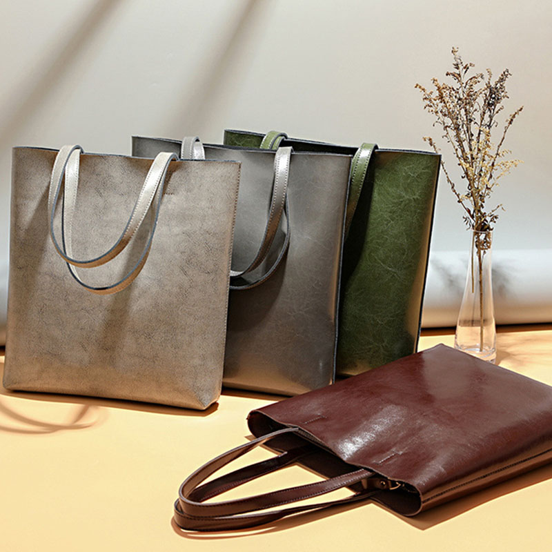 Women's Waxed Leather Structured Tote Shoulder Bag
