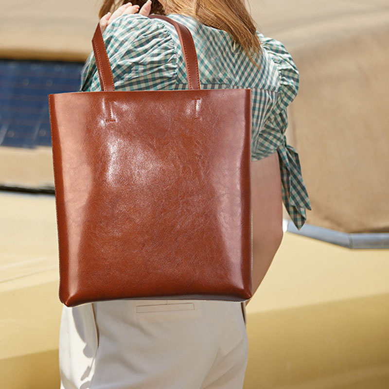 Women's Waxed Leather Structured Tote Shoulder Bag