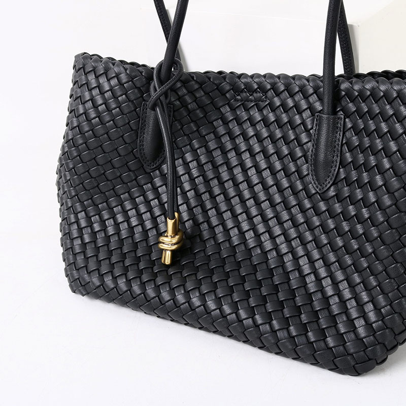 Women's Split Leather Woven Knot Charm Tote Shoulder Bag