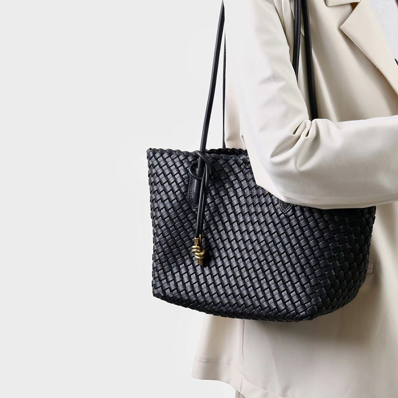 Women's Split Leather Woven Knot Charm Tote Shoulder Bag