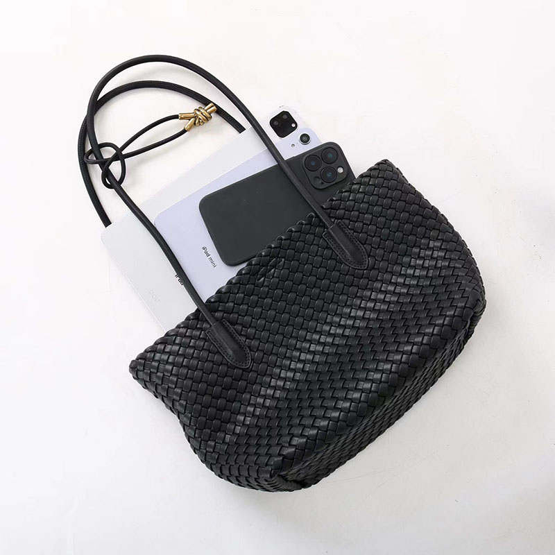 Women's Split Leather Woven Knot Charm Tote Shoulder Bag