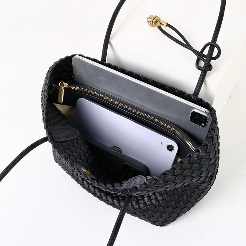 Women's Split Leather Woven Knot Charm Tote Shoulder Bag