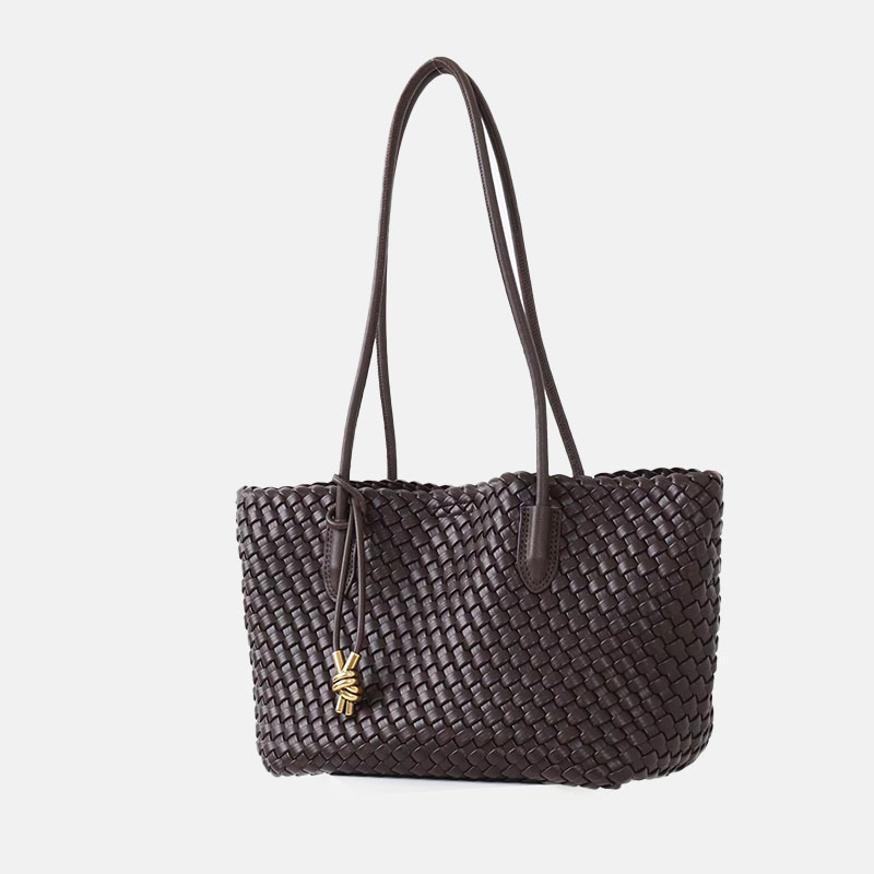 Women's Split Leather Woven Knot Charm Tote Shoulder Bag