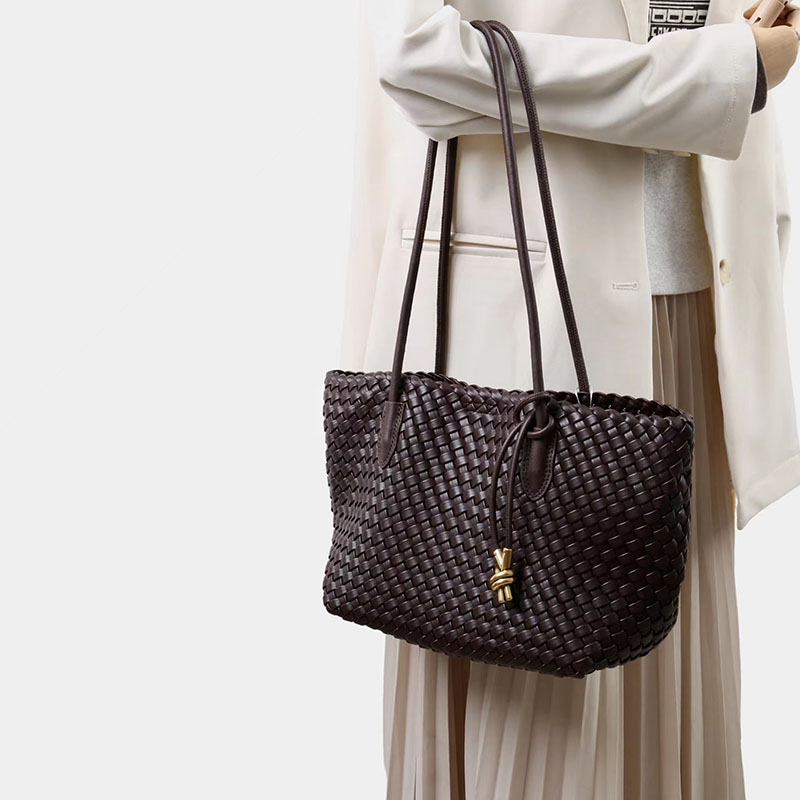 Women's Split Leather Woven Knot Charm Tote Shoulder Bag