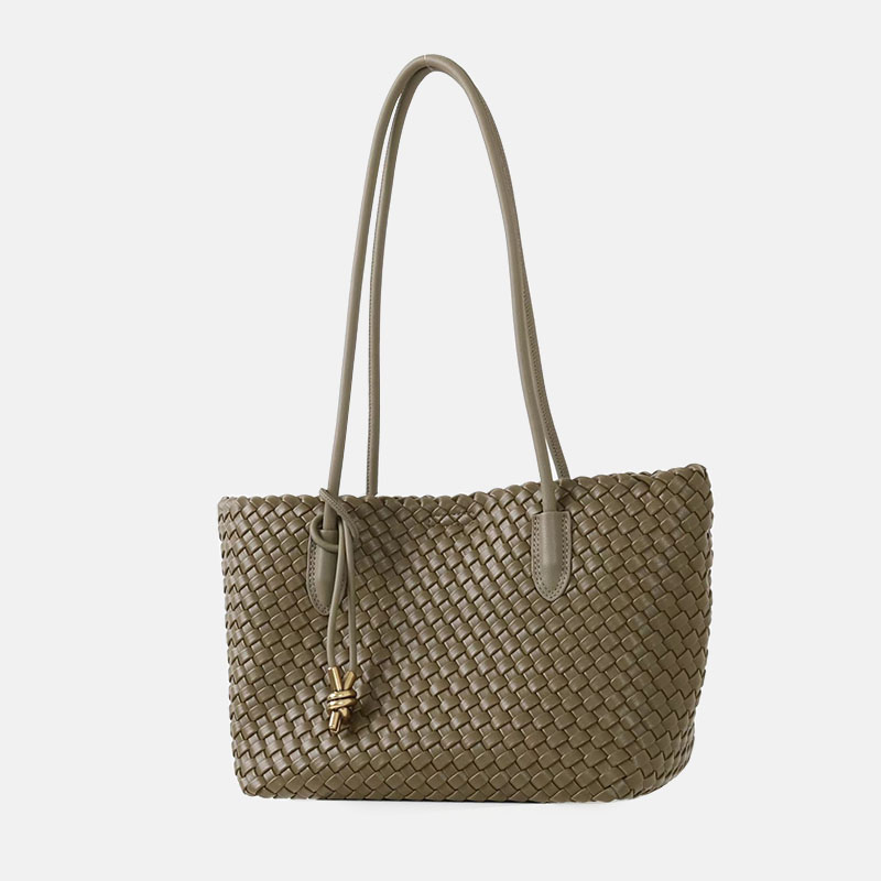Women's Split Leather Woven Knot Charm Tote Shoulder Bag