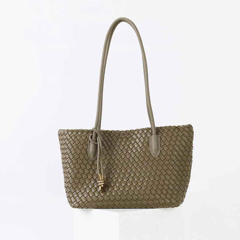 Women's Split Leather Woven Knot Charm Tote Shoulder Bag