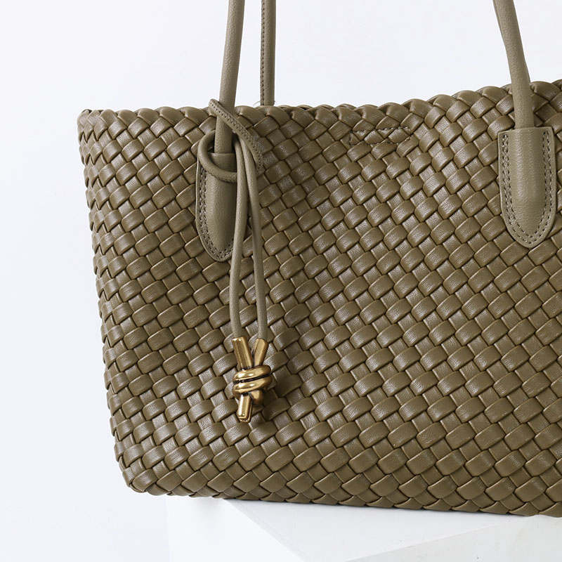 Women's Split Leather Woven Knot Charm Tote Shoulder Bag