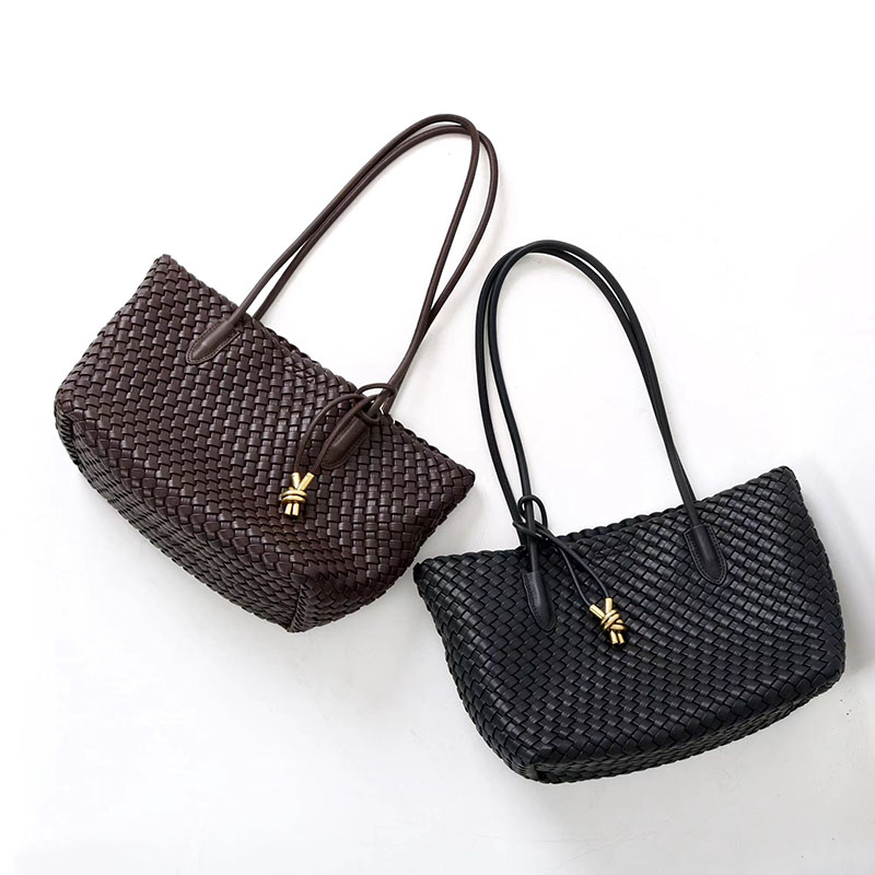 Women's Split Leather Woven Knot Charm Tote Shoulder Bag