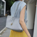Women's Split Leather Woven Knot Charm Tote Shoulder Bag