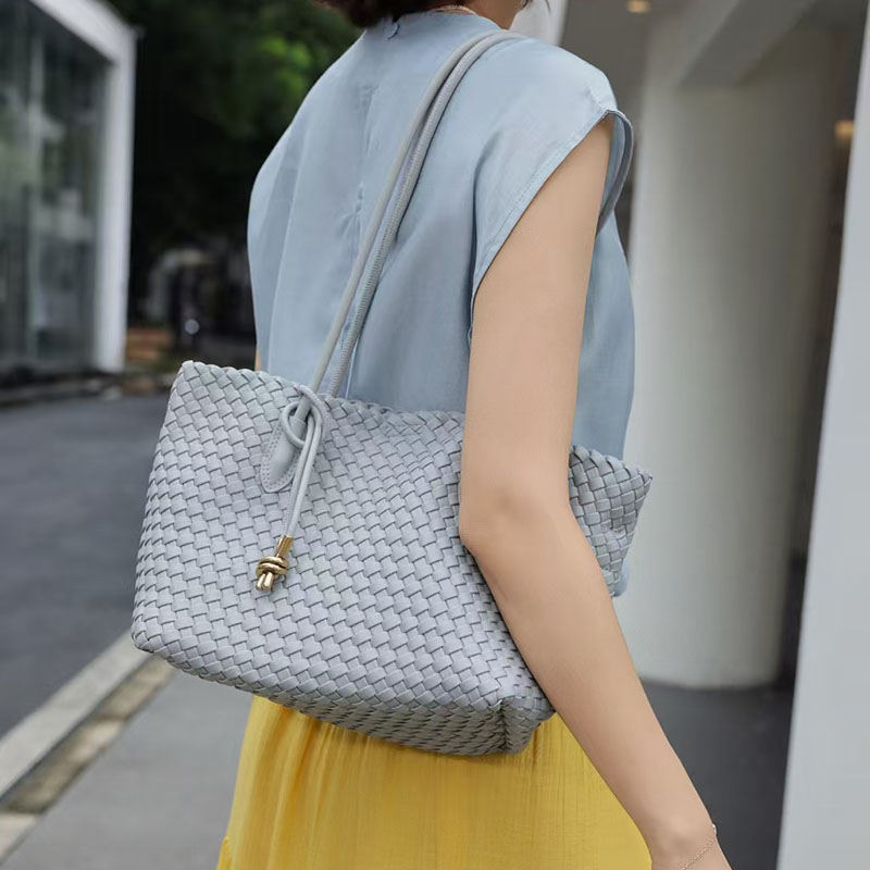 Women's Split Leather Woven Knot Charm Tote Shoulder Bag