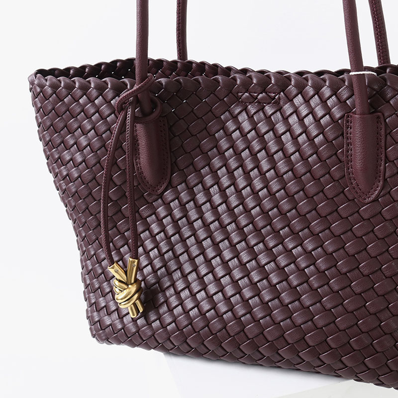 Women's Split Leather Woven Knot Charm Tote Shoulder Bag