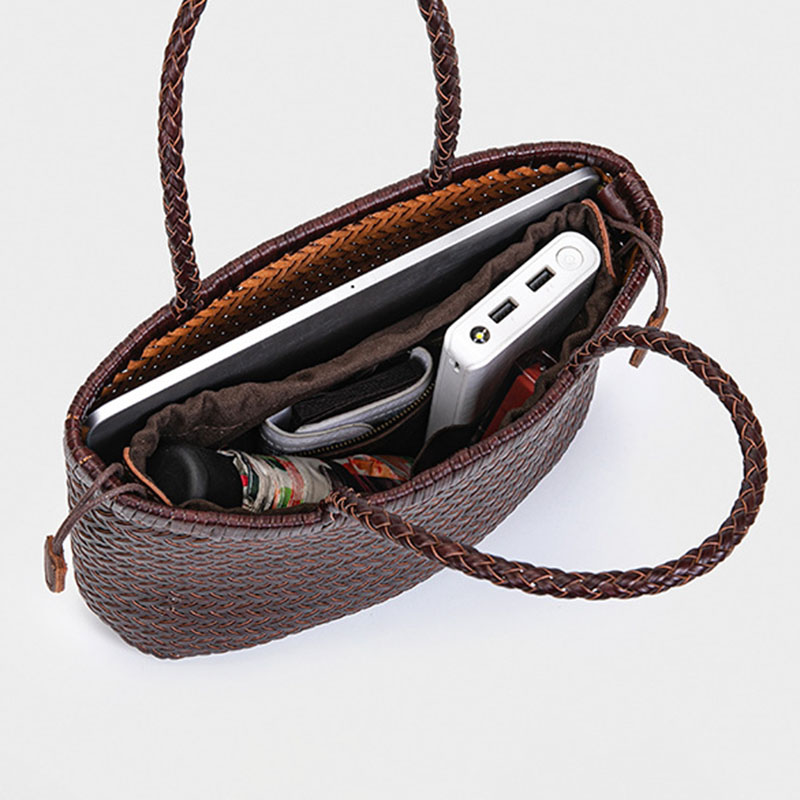 Women's Split Leather Woven Shoulder Crossbody Strap Tote Bag