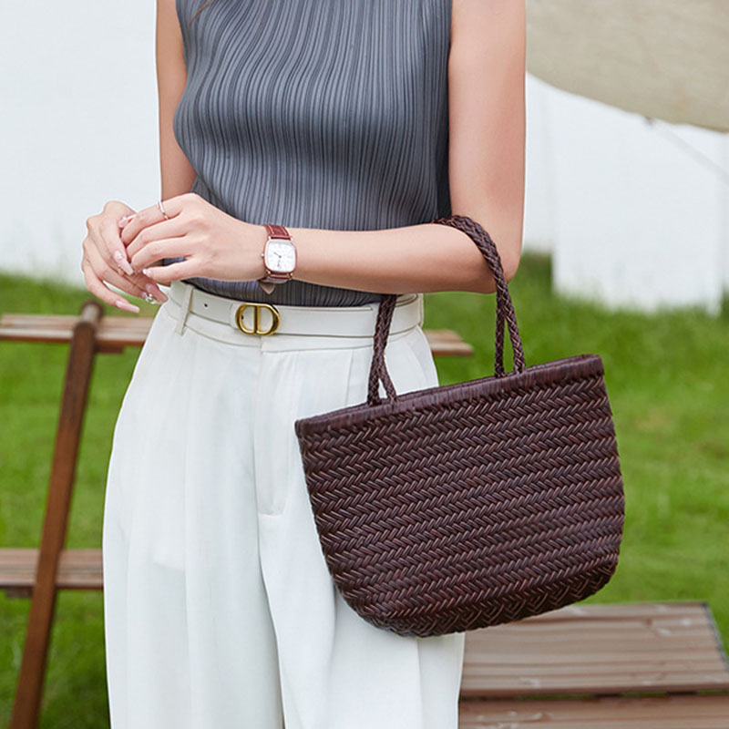 Women's Split Leather Woven Shoulder Crossbody Strap Tote Bag