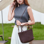 Women's Split Leather Woven Shoulder Crossbody Strap Tote Bag