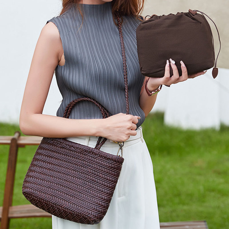 Women's Split Leather Woven Shoulder Crossbody Strap Tote Bag