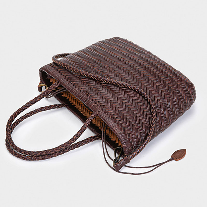 Women's Split Leather Woven Shoulder Crossbody Strap Tote Bag