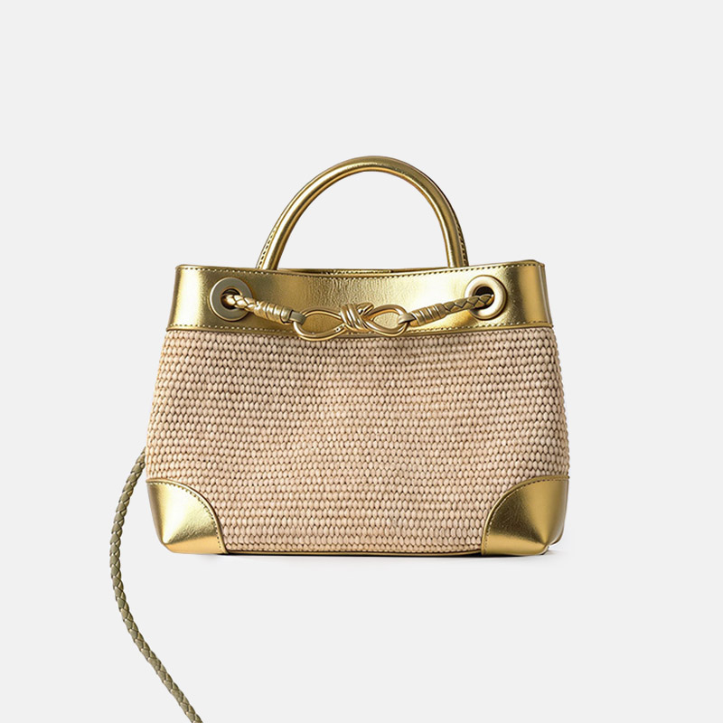 Women's Straw Metallic Leather Trim Woven Crossbody Tote Bag