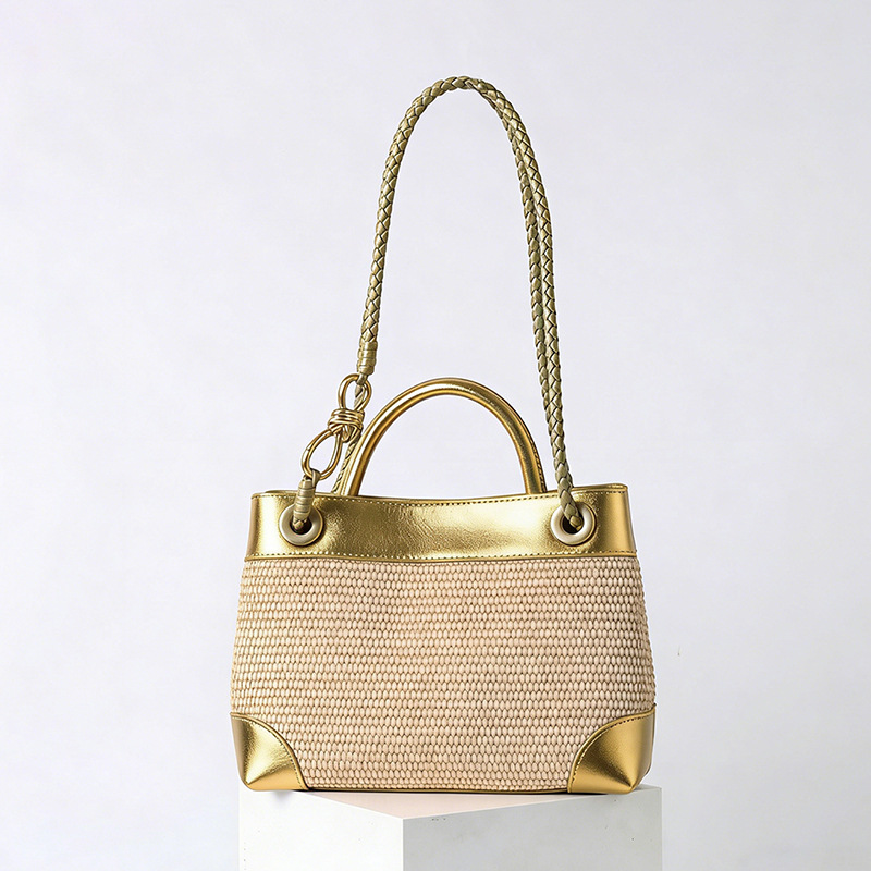 Women's Straw Metallic Leather Trim Woven Crossbody Tote Bag