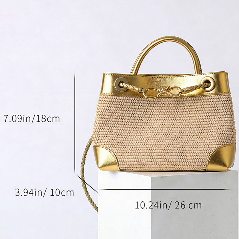 Women's Straw Metallic Leather Trim Woven Crossbody Tote Bag