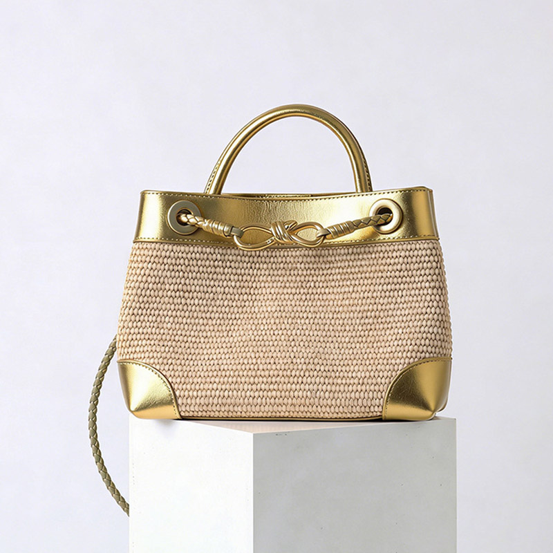 Women's Straw Metallic Leather Trim Woven Crossbody Tote Bag