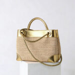 Women's Straw Metallic Leather Trim Woven Crossbody Tote Bag