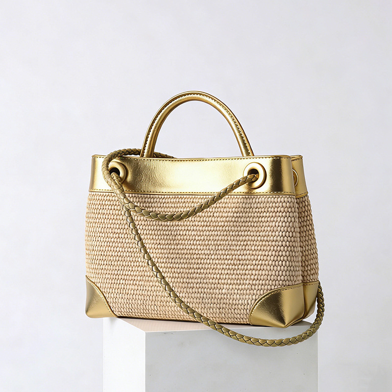 Women's Straw Metallic Leather Trim Woven Crossbody Tote Bag