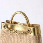 Women's Straw Metallic Leather Trim Woven Crossbody Tote Bag