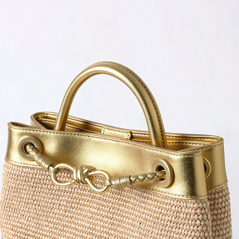 Women's Straw Metallic Leather Trim Woven Crossbody Tote Bag
