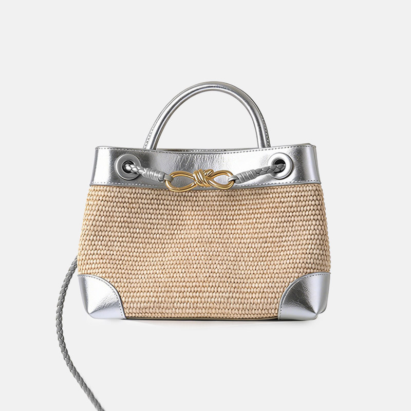 Women's Straw Metallic Leather Trim Woven Crossbody Tote Bag