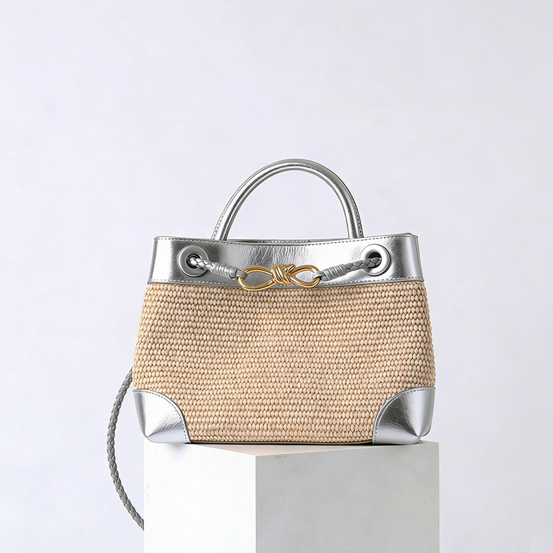 Women's Straw Metallic Leather Trim Woven Crossbody Tote Bag