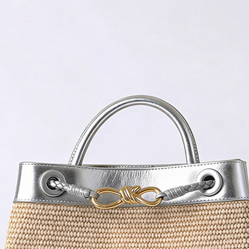 Women's Straw Metallic Leather Trim Woven Crossbody Tote Bag