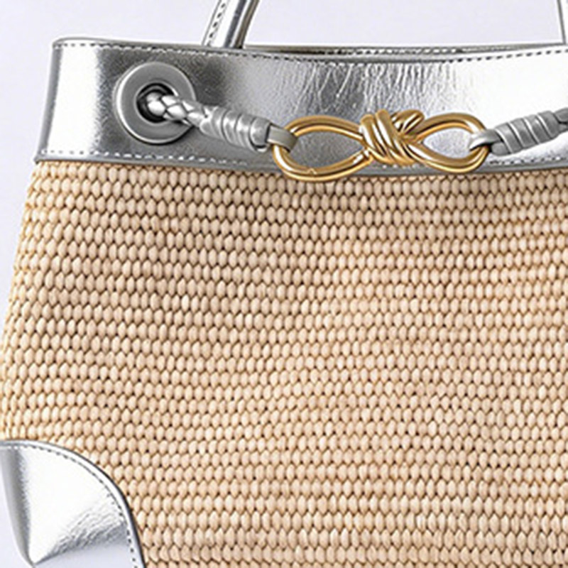 Women's Straw Metallic Leather Trim Woven Crossbody Tote Bag