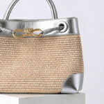 Women's Straw Metallic Leather Trim Woven Crossbody Tote Bag