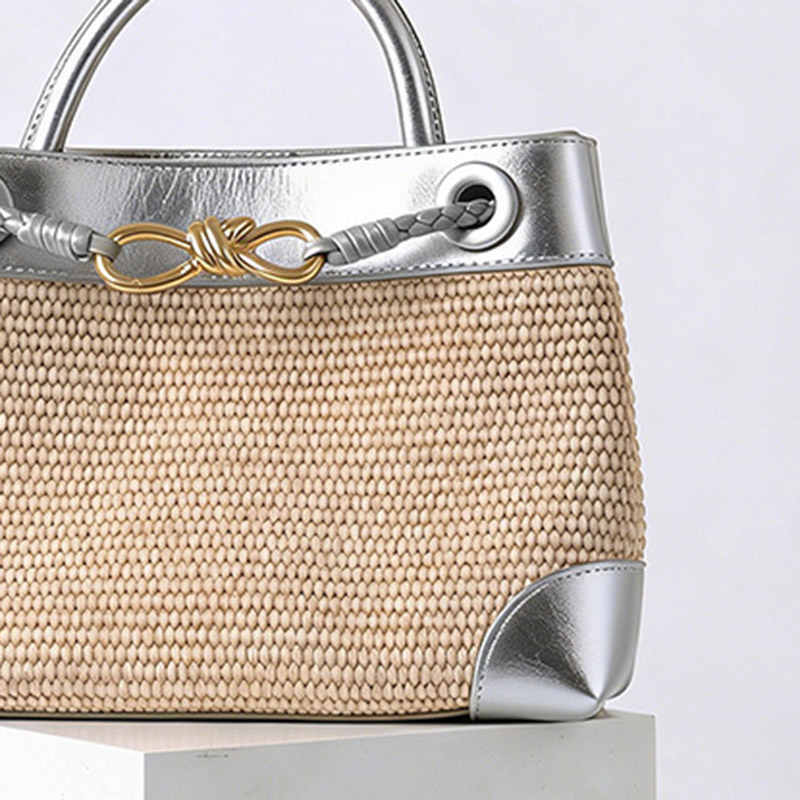 Women's Straw Metallic Leather Trim Woven Crossbody Tote Bag
