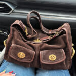 Women's Suede Structured Double Lock Pocket Shoulder Bag